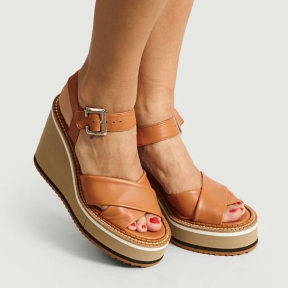 Clergerie Noemie Platform Wedge Sandal Brown Leather Size 37- 7.5 made in France